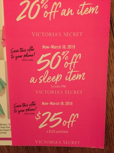 Victoria Secret Coupons Lot Of 4-Expiration 3/18/19-Free Panty,20%,50%, $25off