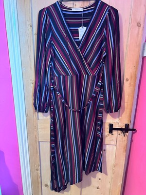 Oasis stripe multicoloured asymmetric hem wrap dress size medium 12-14 BNWT