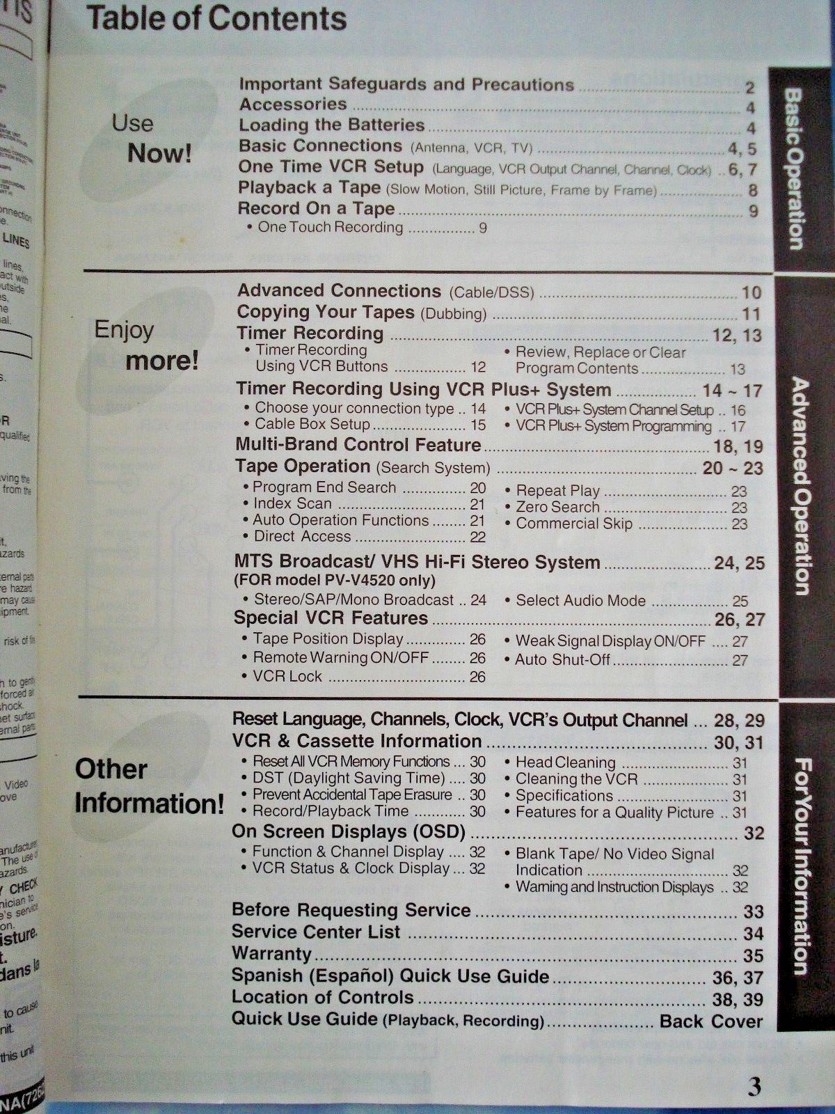 PANASONIC VCR MANUAL/Instruction Book V4020  or V4520 Video Cassette Recorder