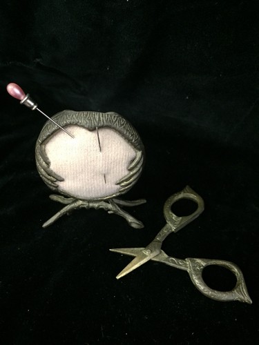 Antique Brass Germany Owl PIN CUSHION Stand &  Sewing Scissors