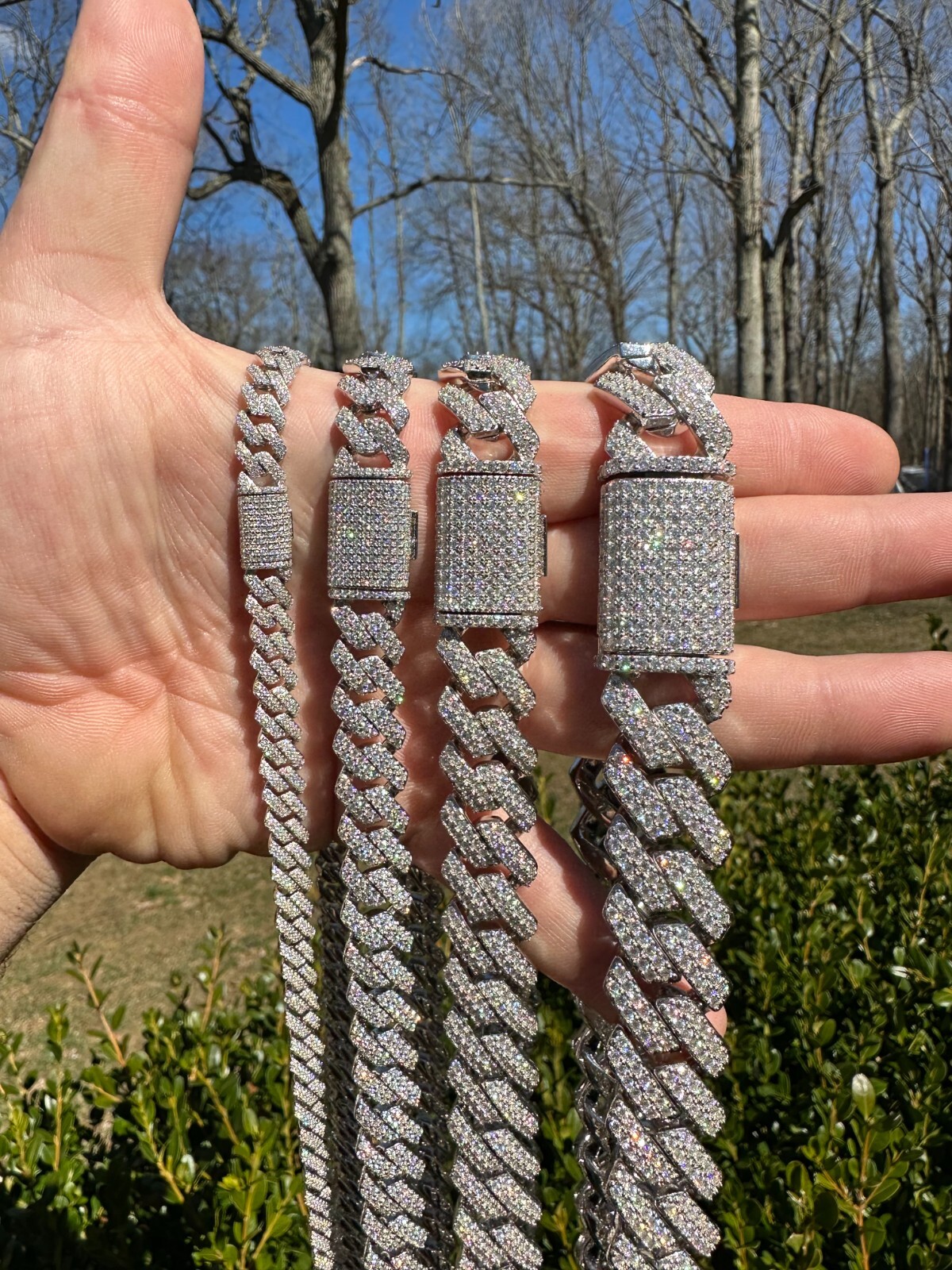 MOISSANITE Real Miami Cuban Link Prong Chain Iced Hip Hop 925 Silver Necklace