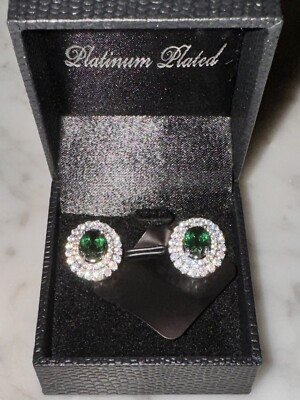 Gold Coast Lab Created Emerald  Platinum Plated Earrings NEW In Box