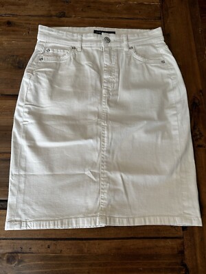 Marc Cain Denim Pencil Skirt Zip Fly Size 2 Pockets Beige Stretch Y2K Preppy