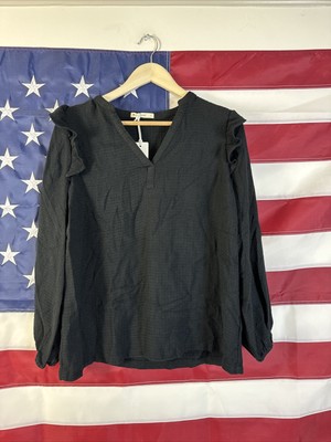 Marine Layer Jamie Ruffle Sleeve Top Shirt Black Large NWT $98