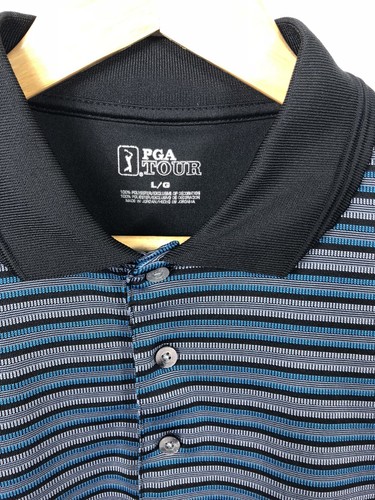 PGA Tour Men's Blue Gray Black Stripe Golf Polo Shirt Large