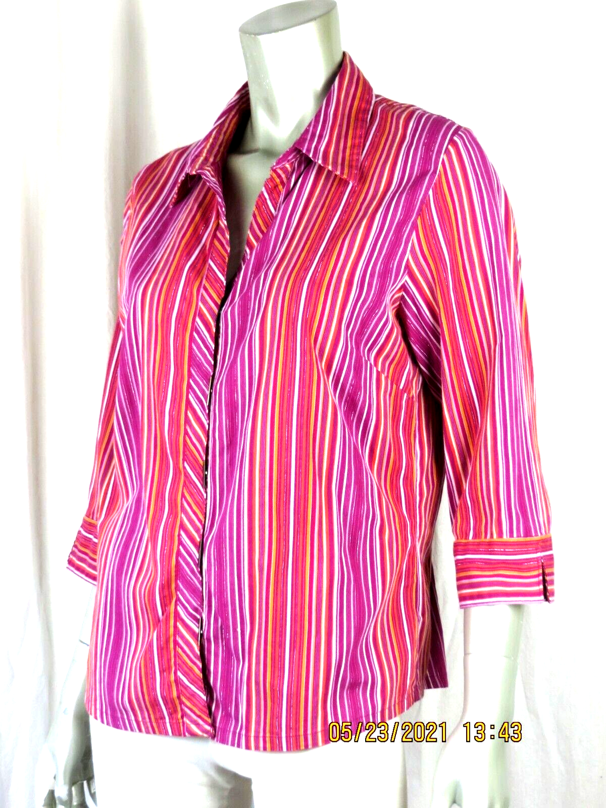 FADED GLORY SZ L Cotton/Spandex Magenta Orange Stripes Top Blouse