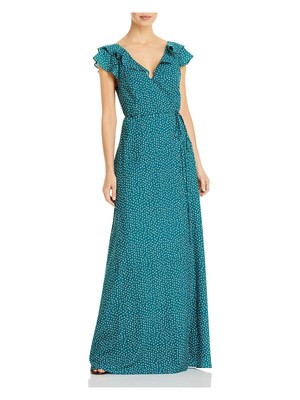 AIDAN MATTOX Womens Teal Tie Flutter Sleeve Full-Length Party Wrap Dress 2