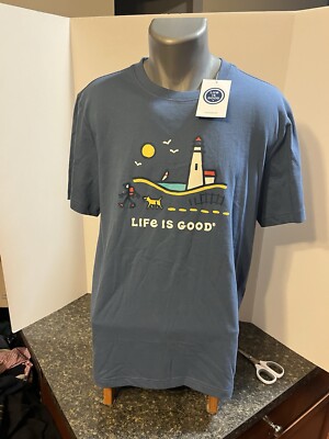 LIFE IS GOOD Men s SS  T-shirt - Lighthouse - Blue - Medium - Cotton NWT