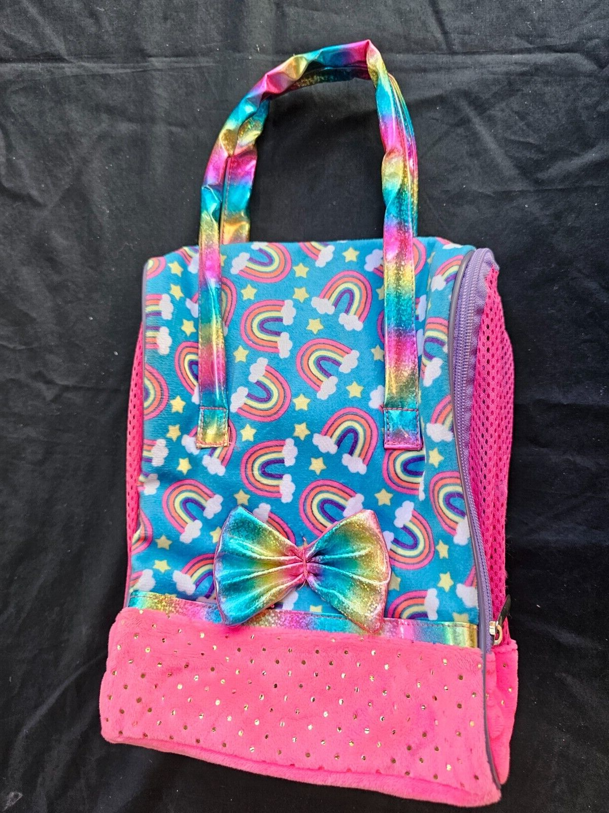 Toy Small Pink & Rainbows About 14" Tall  See-through Sides Zip Top