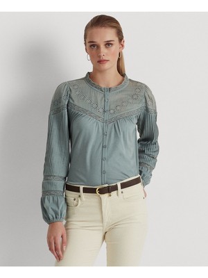 

LAUREN RALPH LAUREN Женская бирюзовая блузка с круглым вырезом и эластичными манжетами с длинными рукавами, Teal