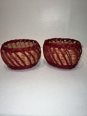 Lot Of 2 Vintage Miniature Hand Woven Oval Reed Basket Trinket 3'' Tall Red Brown