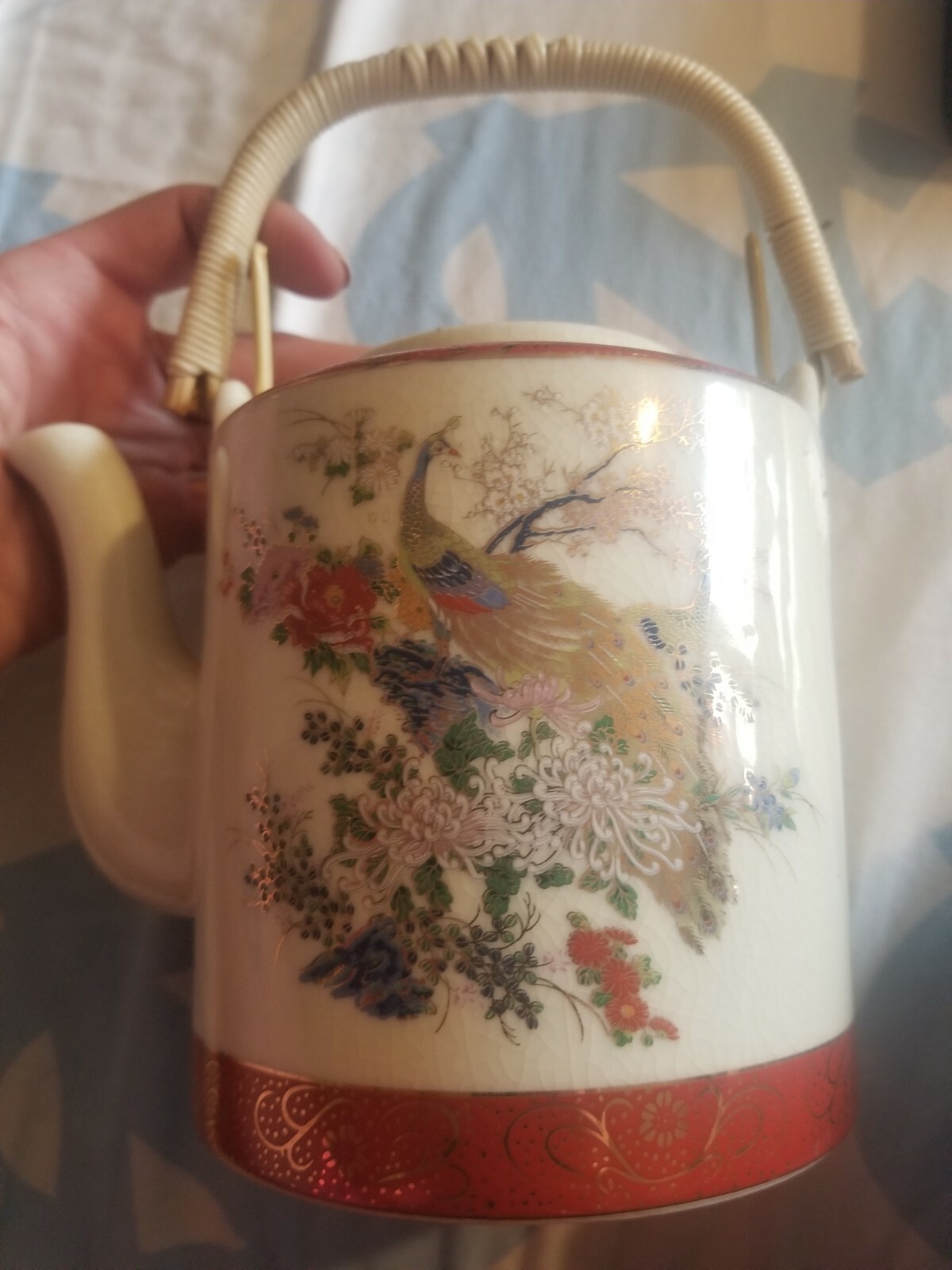 Estate Satsuma Japanese Teapot with bamboo handle. Beautiful.