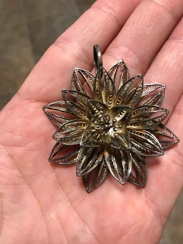 Large Vintage Silver 3-D Filigree Flower Charm or Pendant
