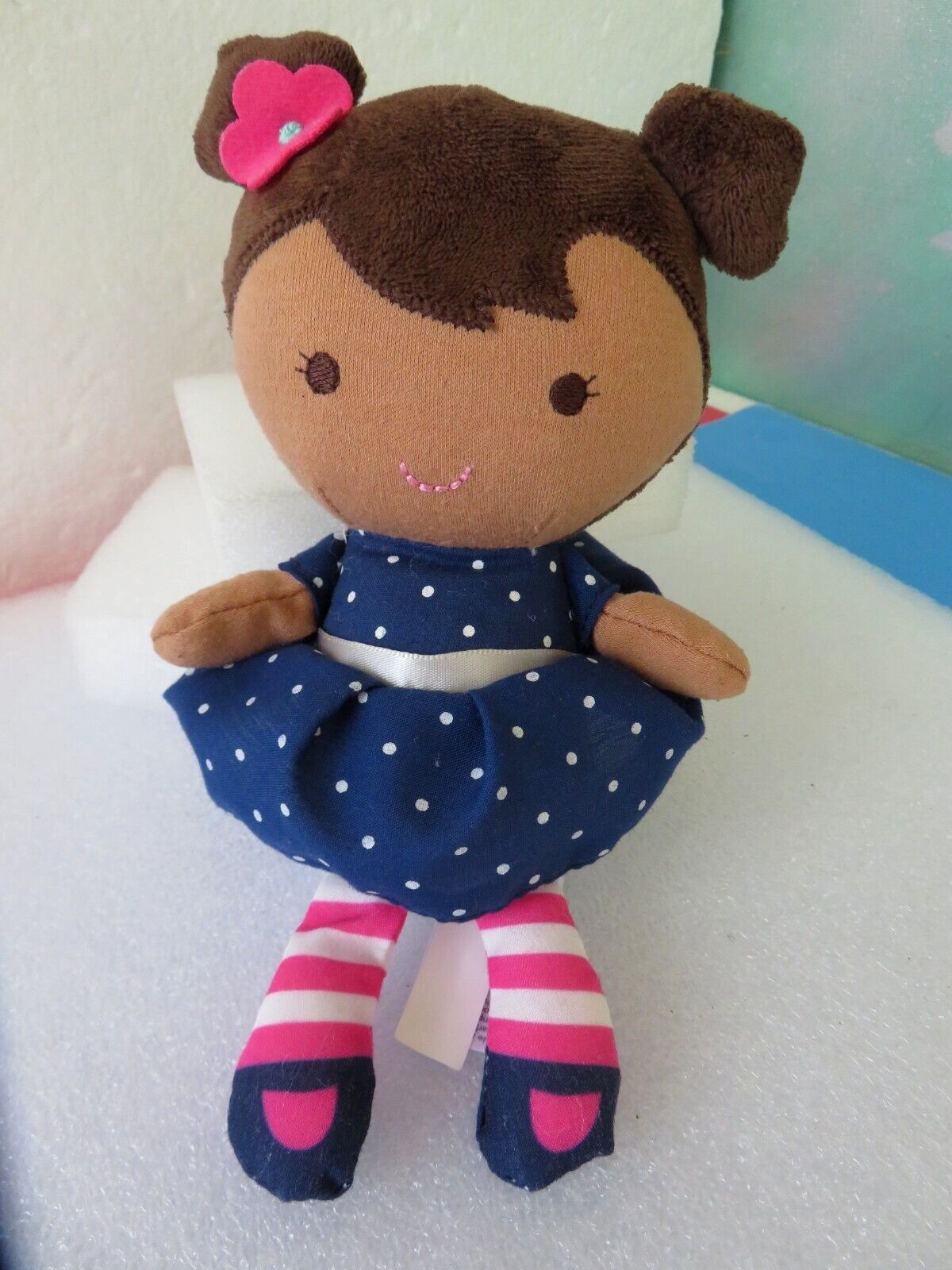 Carters Child of Mine Plush Doll Baby Rattle Brown Hair Polka Dot Blue Dress New