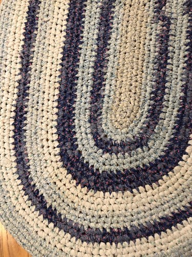 Vtg Hand Made Old Fashion Crocheted  Braided Rag Rug Oval Blues 31