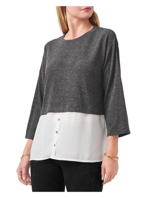 Женский топ VINCE CAMUTO серого цвета с круглым вырезом и рукавом 3/4 в клетку XS