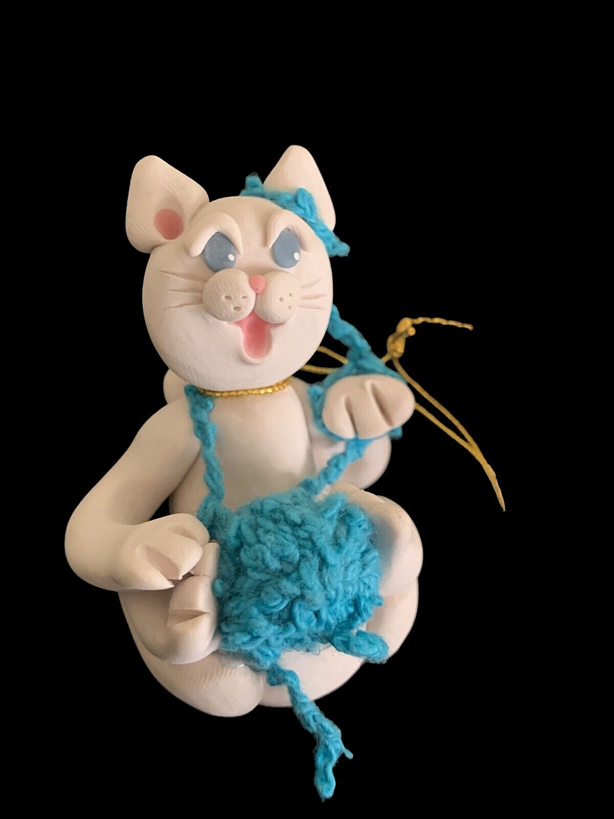 Vintage Cecile Baerd OOAK White Kitty Cat w Blue Yarn Figure *Sugar* Signed, Tag