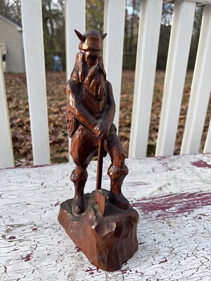 Vintage Hand Carved Wood Viking Warrior Figurine Battle Axe Shield Made in Spain
