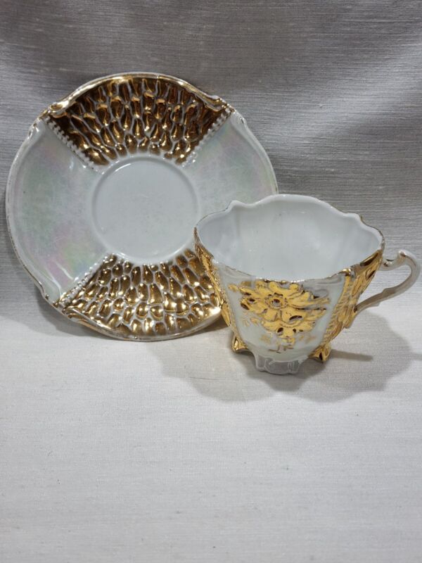 Vintage White and Gold Iridescent Cup and Saucer Numbered