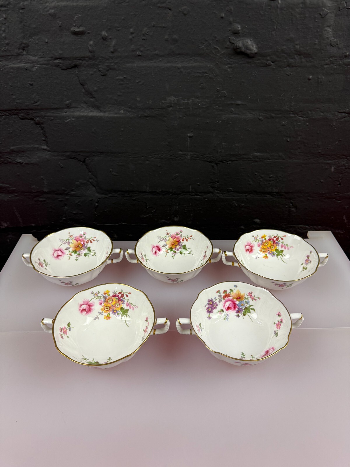 5 x Royal Crown Derby Posies Soup Bowls / Handled Coupes Set 1st Quality