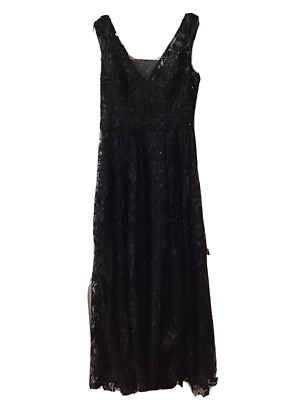NEW MAC DUGGAL Size 8 Black Sleeveless Beaded Embroidered Lace Gown Overlay Shee