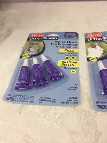 Lot of 3  Hartz UltraGuard Flea & Tick Drops for Cats & Kittens, 5 lbs & over,