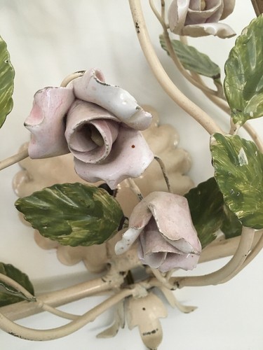 Vintage Italian Tole Sconce Pink Porcelain Roses Chippy Shabby Chic
