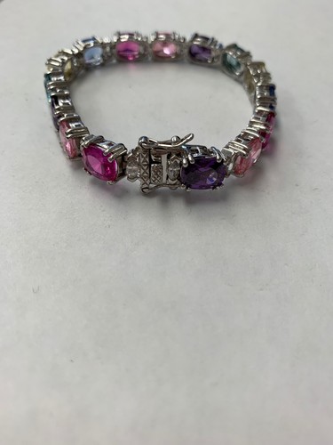 Sterling Silver Multi Colored Gemstone Tennis  Bracelet 7