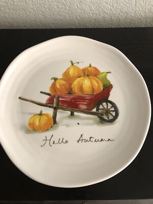 Pier 1 HELLO AUTUMN 8.75'' Botanical Plate Wheelbarrow Pumpkins Salad dessert