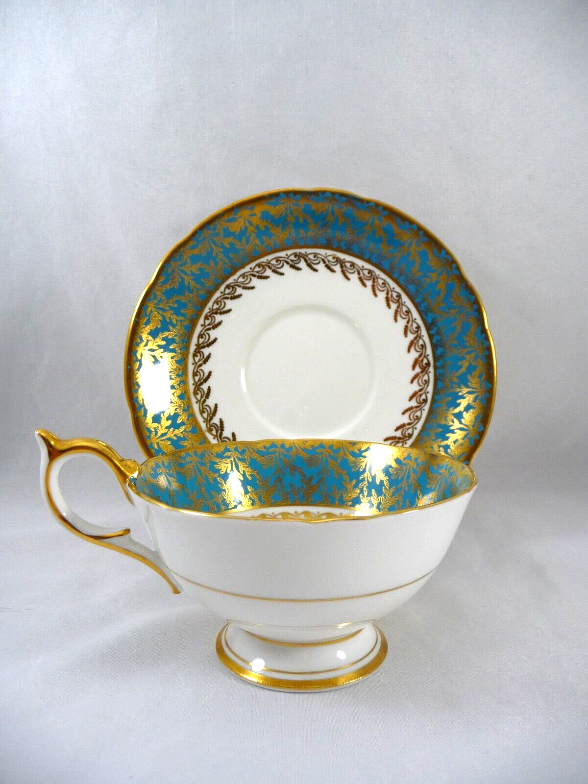 Aynsley Teacup & Saucer Gold Gilt Turquoise Border w/Rose Floral Bouquet England