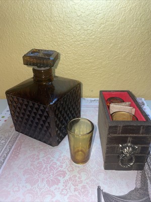Amber Glass Diamond Cut Square Decanter With Set Of 3 Amber Shot Glasses