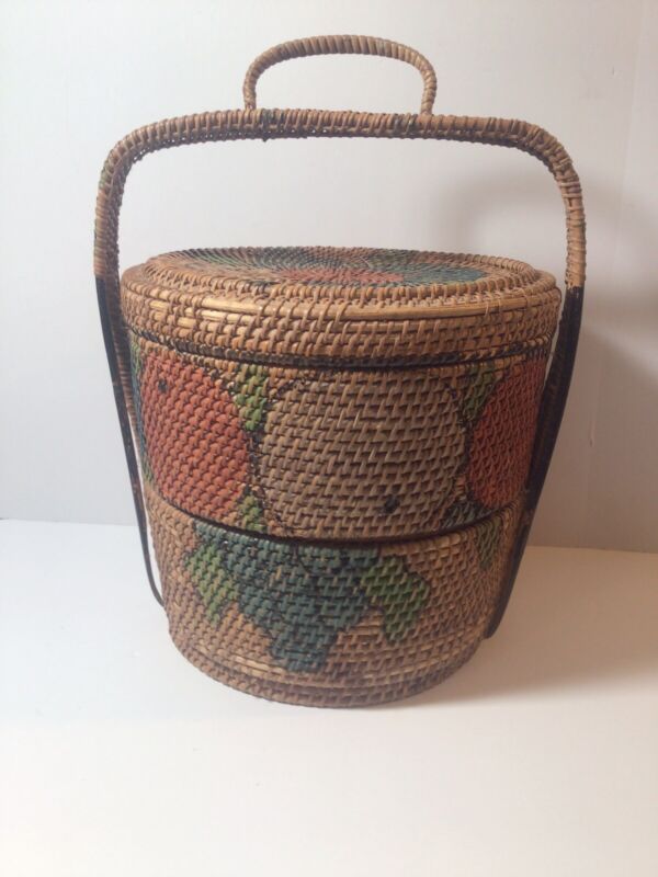 Vintage Chinese 2 Tier Betrothal Wedding Woven Basket - Hand Painted
