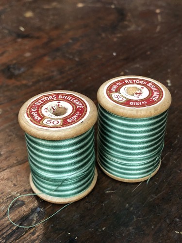 2 Rare Antique French Cartier Bresson Thread Spools Alternating Variegated Color