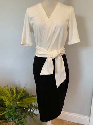 MANGO Womens Size XS Ivory Colorblock Short Sleeve V-Neck Tie Wrap Dress NEW