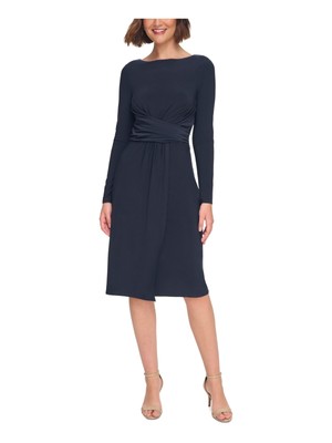 TOMMY HILFIGER Womens Navy Faux-wrap Skirt Long Sleeve Sheath Dress 10