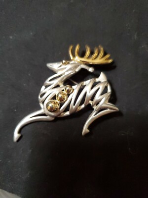 Vintage Stylized Stagg Reindeer Pin Brooch Silver Plated & Goldtone 2.5'' long