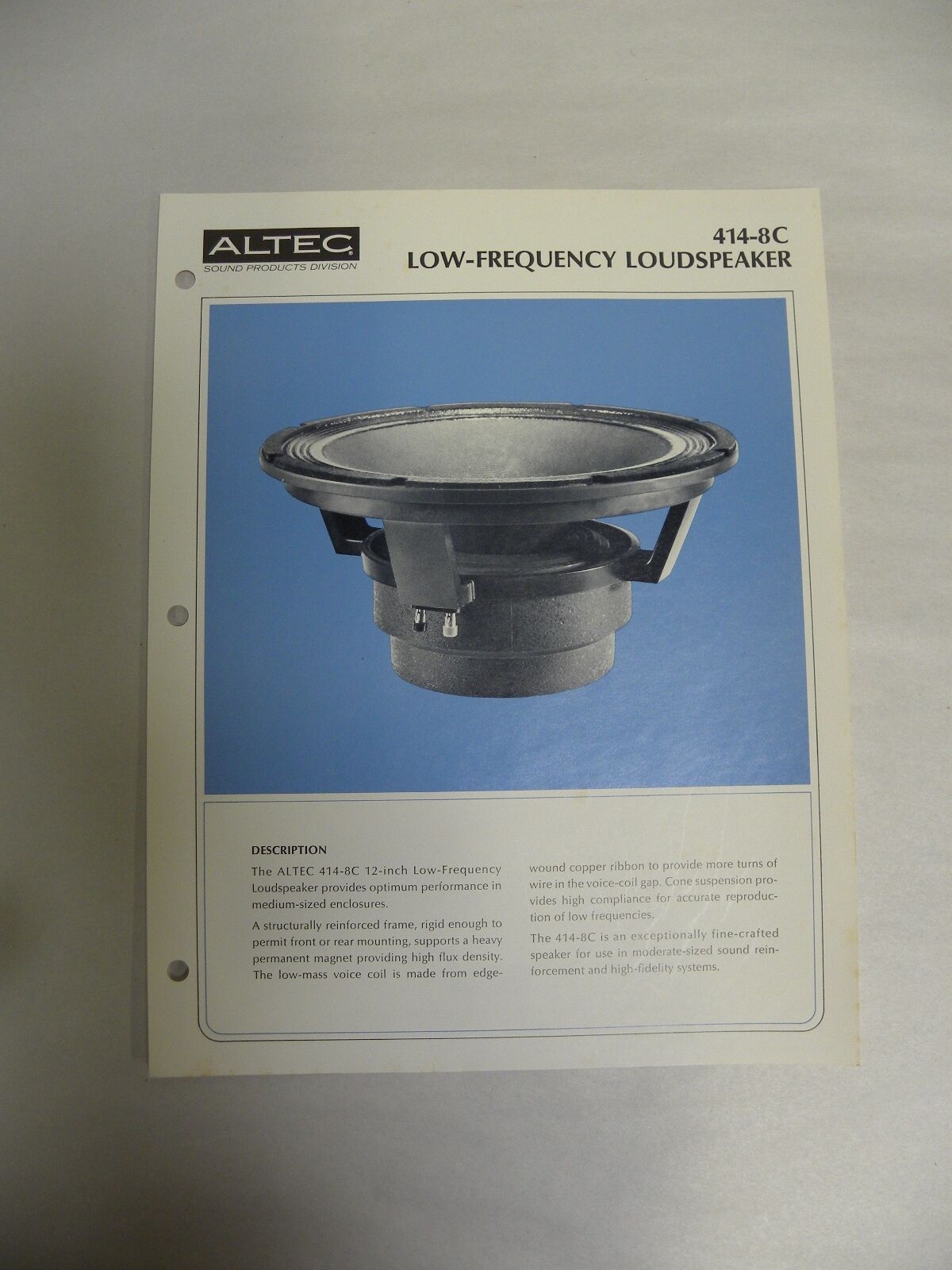 Vintage Original Altec 414-8C Low Frequency Loudspeaker Vintage Original Altec 414-8C Low Frequency Loudspeaker
