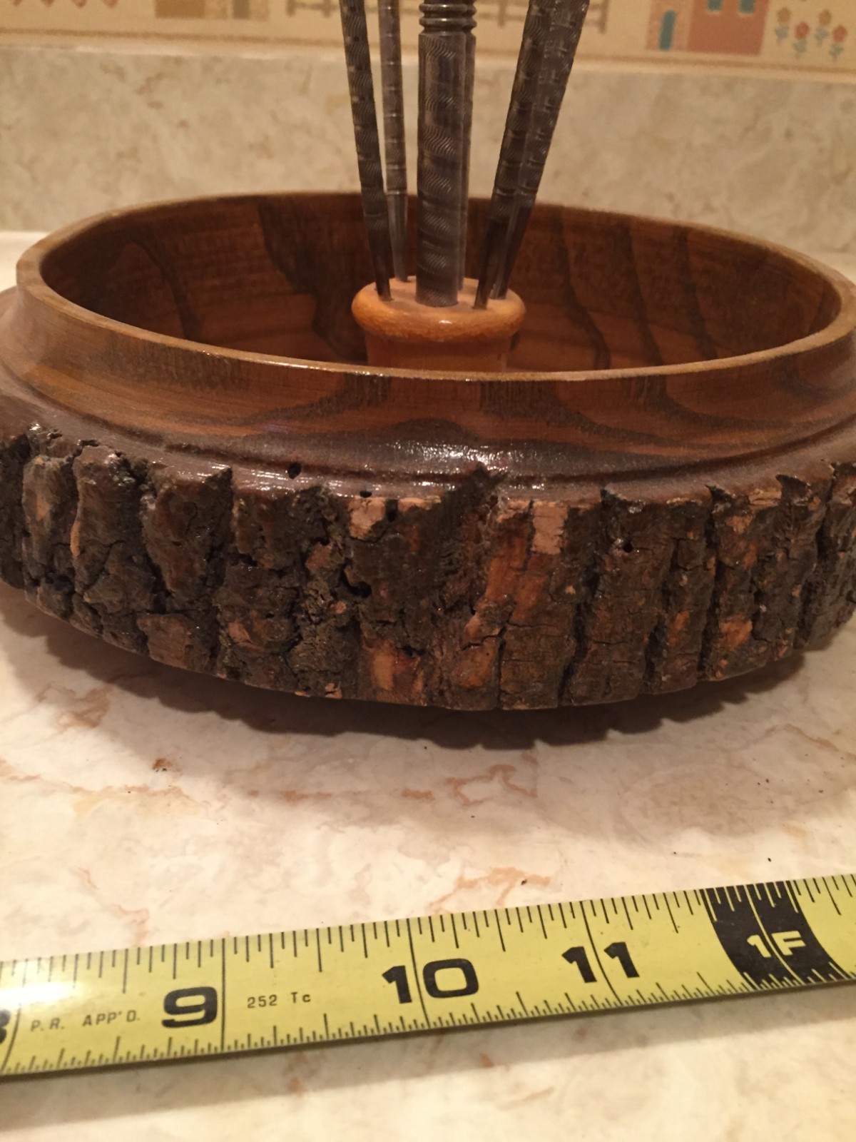Vintage Tree Bark Rustic Wooden Nut Bowl Nutcracker 6 Picks Beautiful Wood Insid