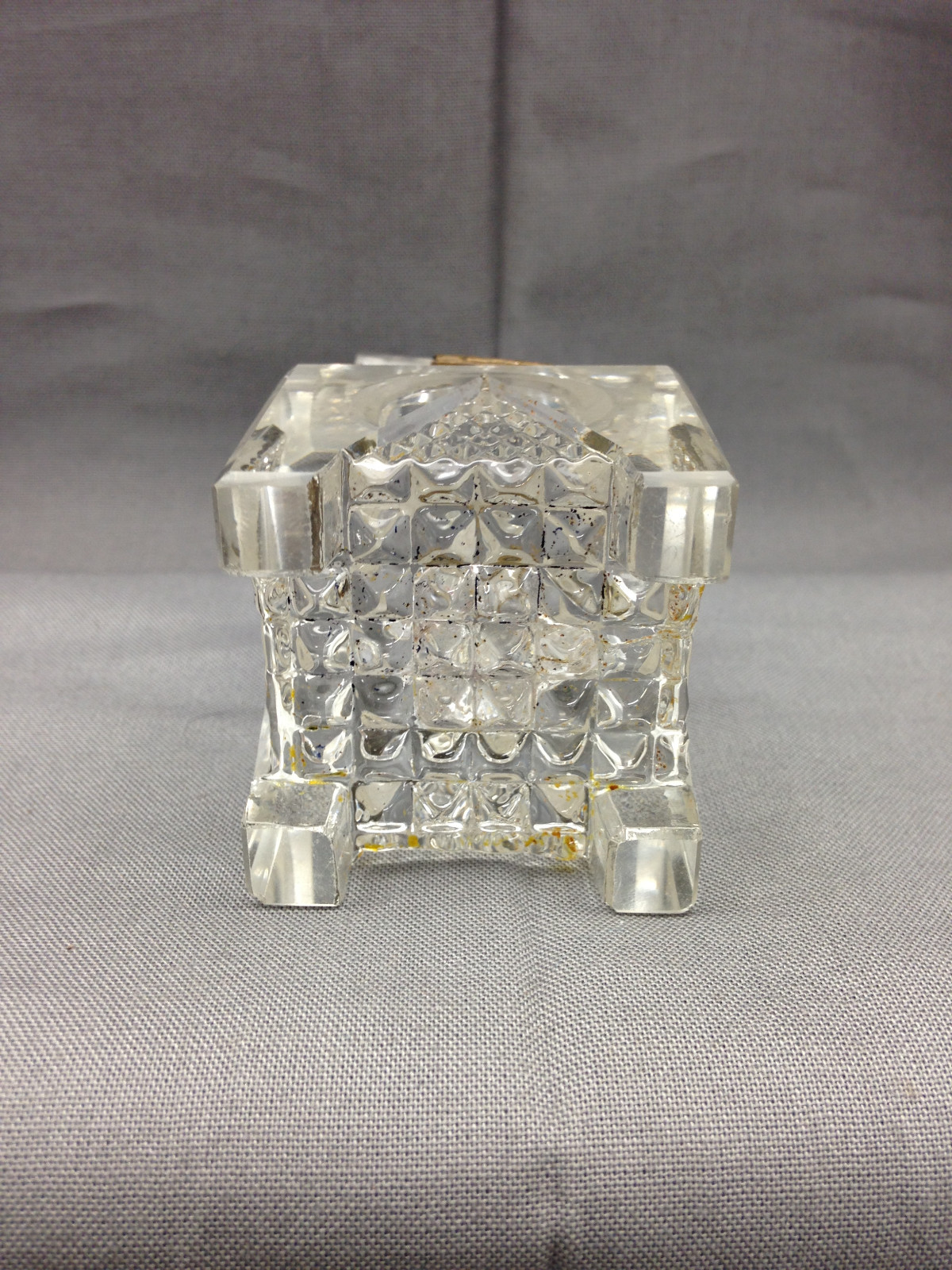 Cut Glass & Brass Ink Well Pyramid Hinged Lid Square Base Four Footed Vintage