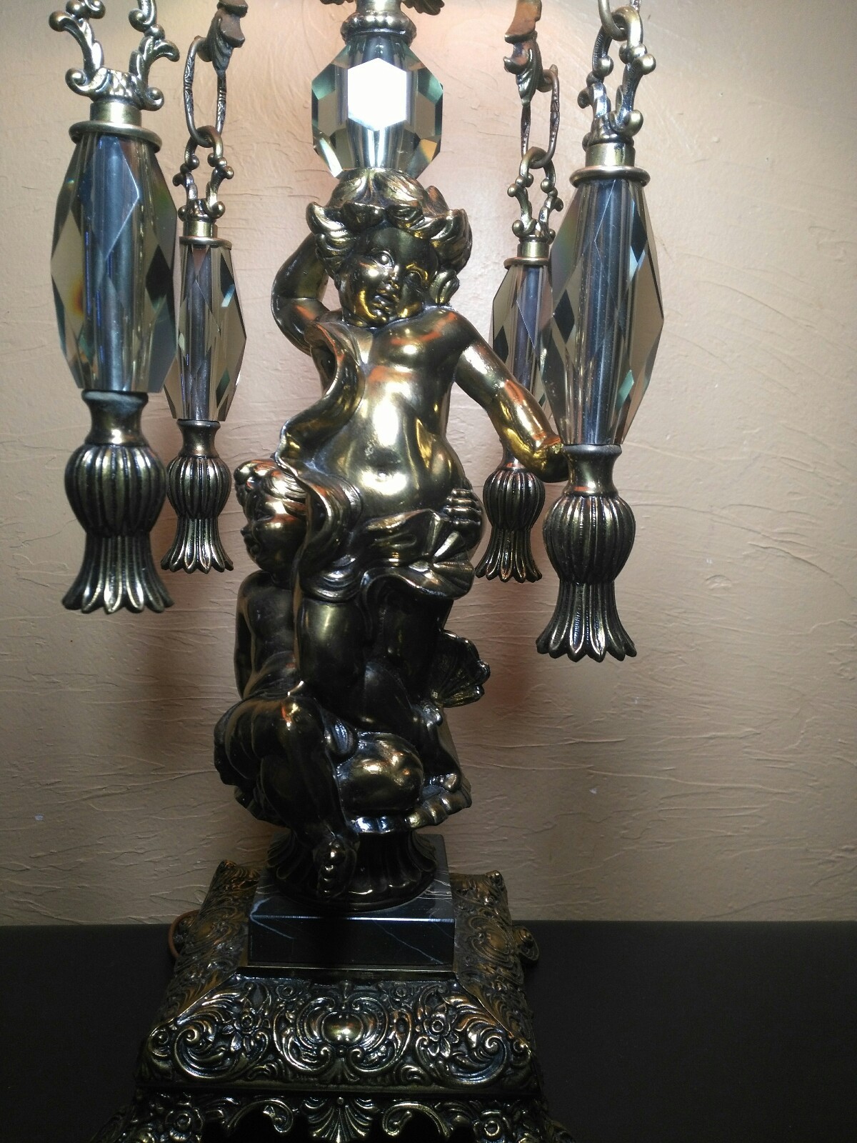 Antique Vtg L&LWMC Cherub/Cupid Lamp w/Hanging Prisms Lamp Hollywood Regency