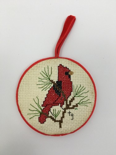 Cross Stitch Christmas Round Completed Needlepoint Ornaments Poinsetta Cardinal