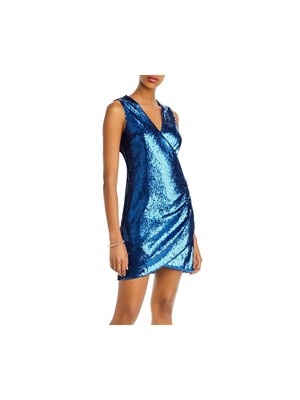 Аква женские голубые с блестками без рукавов с V образным вырезом мини платье тела Con платье XS