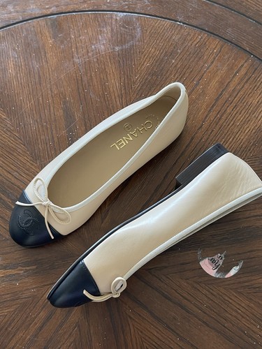 Pre-owned Chanel Beige Lambskin Cap Toe Ballerina Flats Choose Your Size In Black / Beige