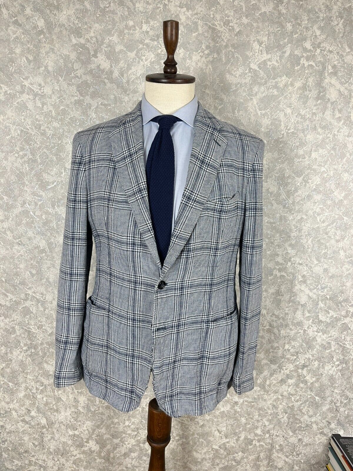 Mens Tagliatore White Blue Plaid Check Half Lined Linen Wool Mens Tagliatore White Blue Plaid Check Half Lined Linen Wool