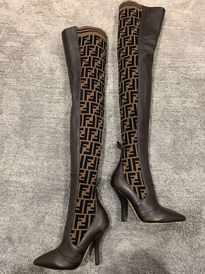 Pre-owned Fendi Rockoko Brown Ff Logo Stretch Knit Sock Thigh High Otk Heel Pump Boot 35