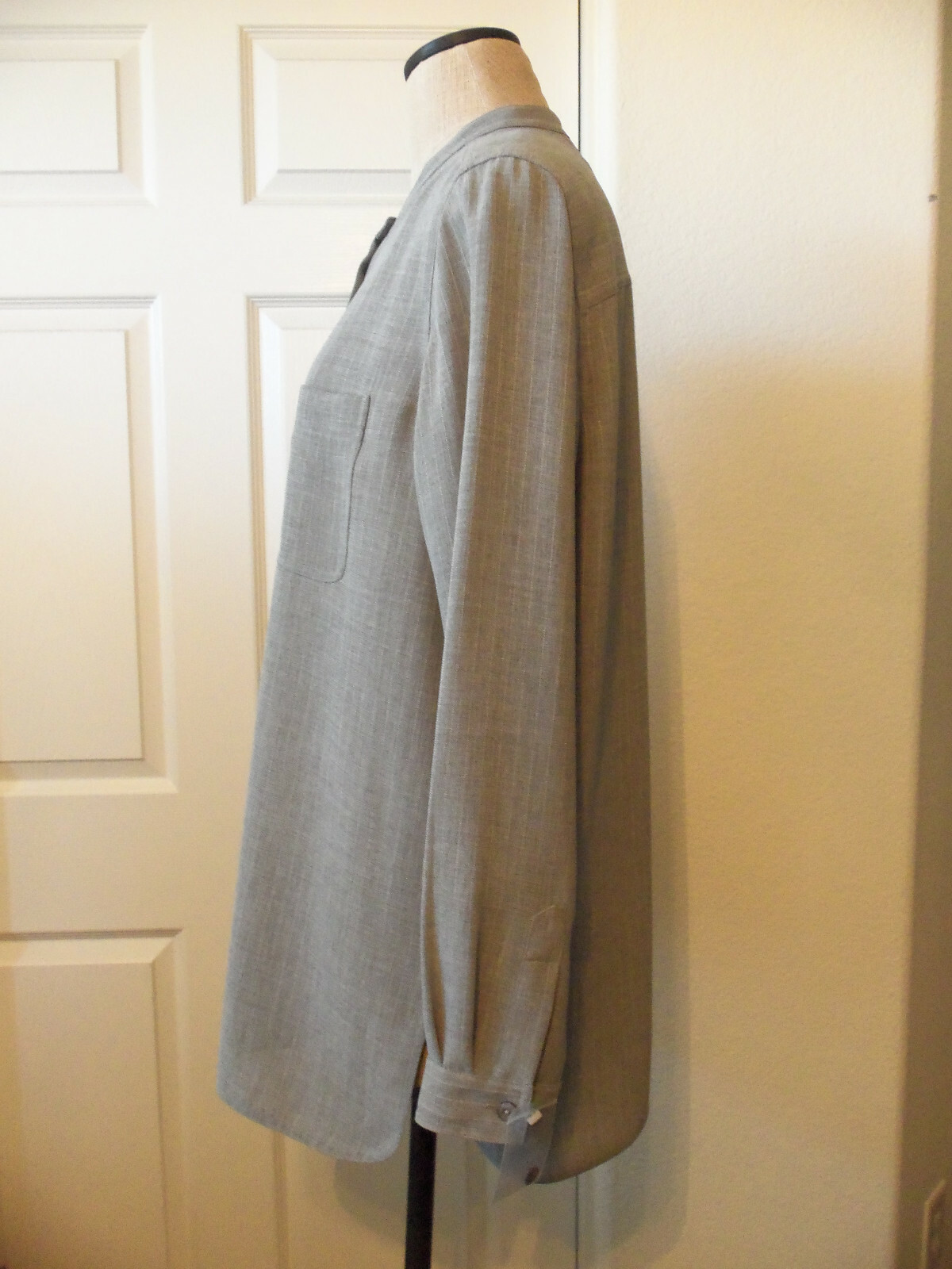 BETU Gray Pinstripe Polyester Band Collar Long Sleeve Shirt Jacket - XL