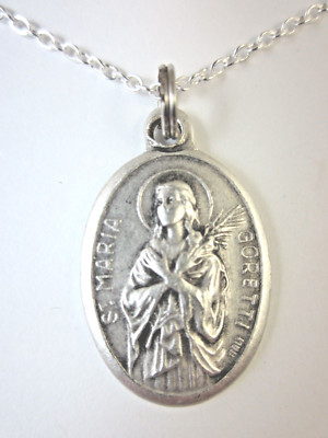 Ladies St Maria Goretti Medal Pendant Necklace 20'' Chain Gift Box & Prayer Card