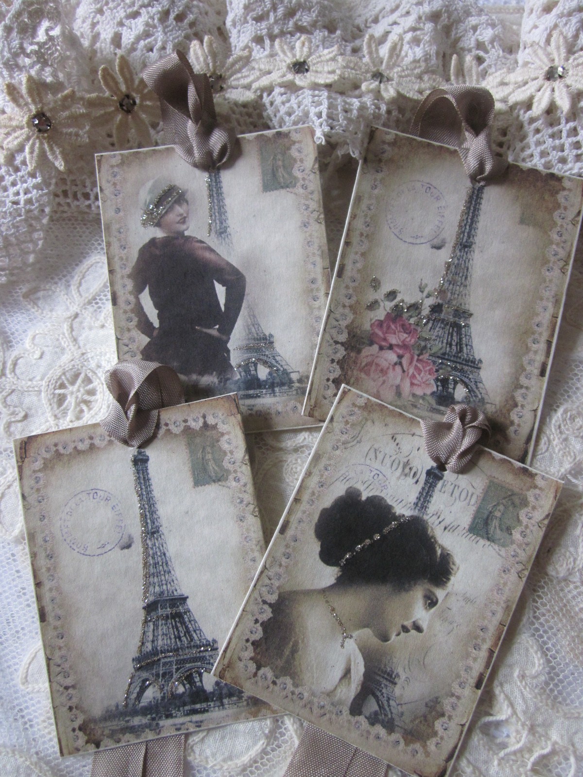 ~ Vintage PARIS  Sepia TONE GIFT TagS  Glitter 8 ~