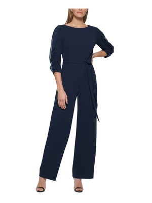 

DKNY Женский темно-синий галстук с поясом и рукавом 3/4 с круглым вырезом Вечерний комбинезон с прямыми штанинами, Navy