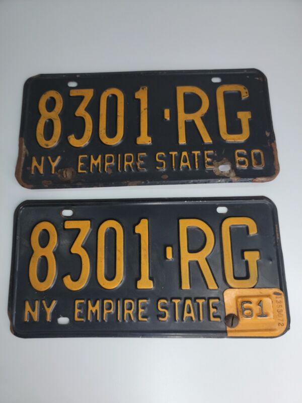 New York 1960 license plate pair 8301 RG DMV clear with 1961 tab